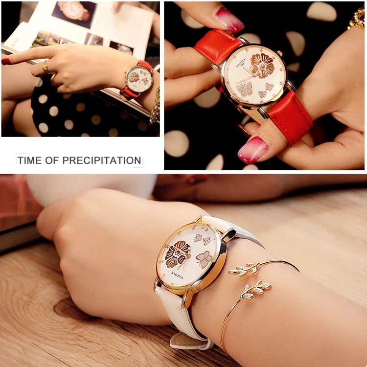 YAZOLE 343 Leather Band Butterfly Flower Diamond Lady Watch