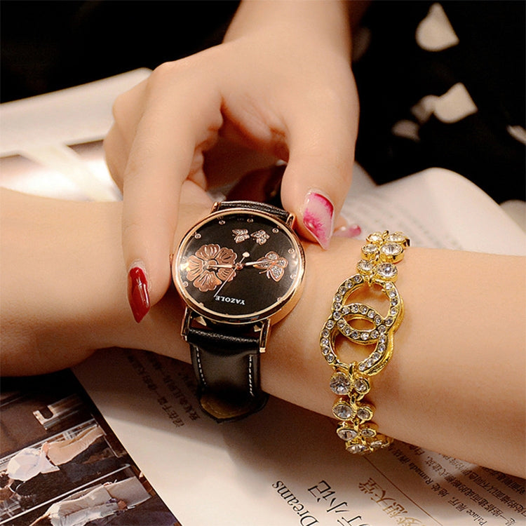 YAZOLE 343 Leather Band Butterfly Flower Diamond Lady Watch