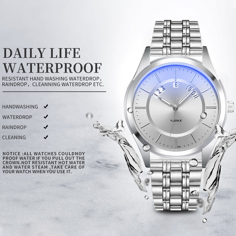 YAZOLE 513 Steel Band Calendar Waterproof Quartz Watch
