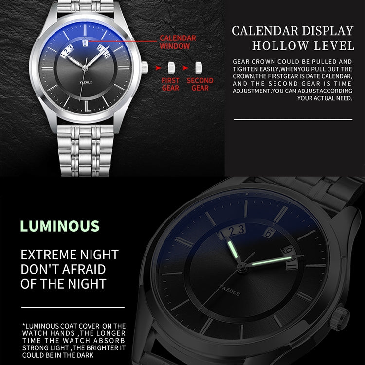 YAZOLE 513 Steel Band Calendar Waterproof Quartz Watch