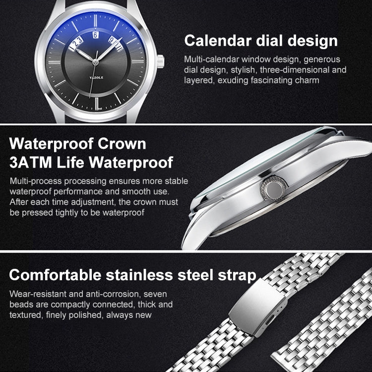 YAZOLE 513 Steel Band Calendar Waterproof Quartz Watch