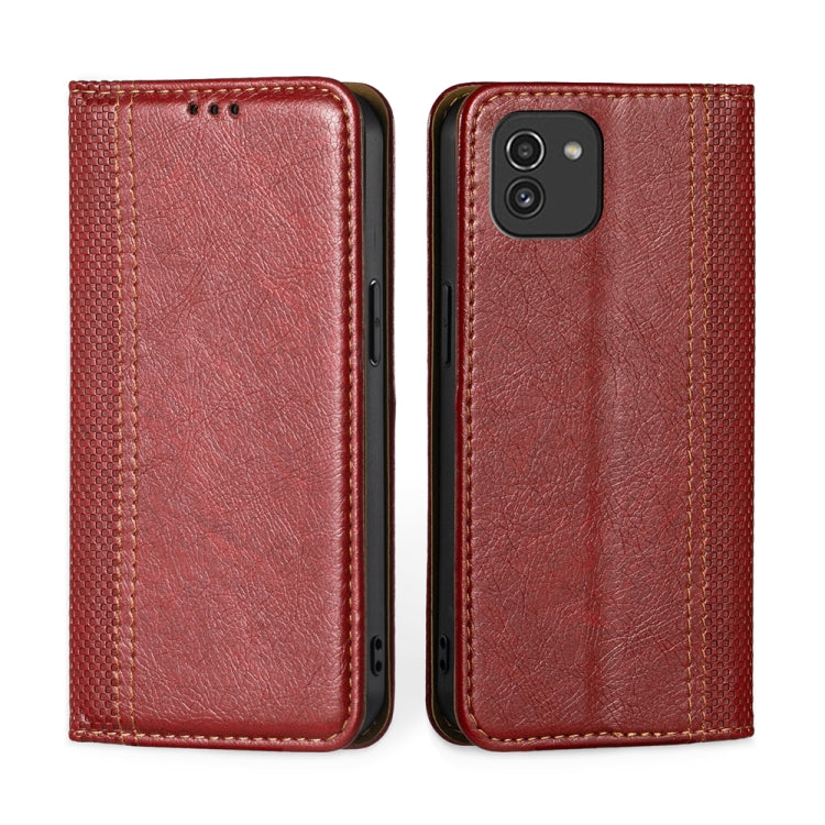 For Samsung Galaxy A03 166mm Grid Texture Magnetic Flip Leather Phone Case