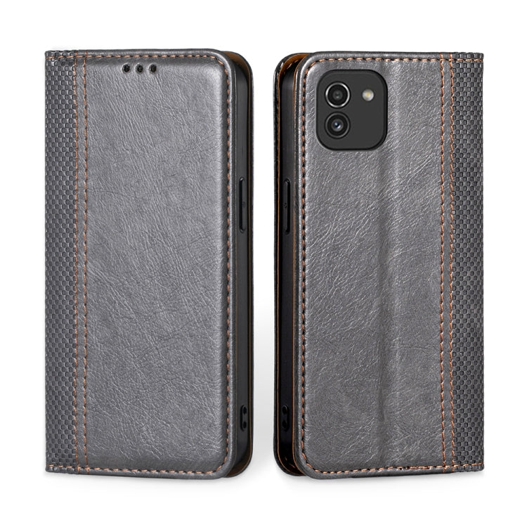 For Samsung Galaxy A03 166mm Grid Texture Magnetic Flip Leather Phone Case
