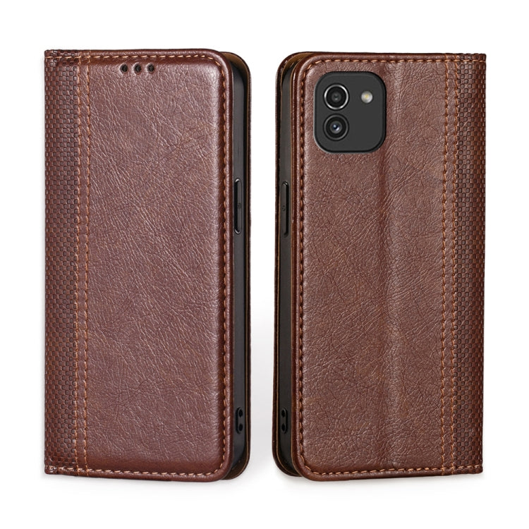 For Samsung Galaxy A03 166mm Grid Texture Magnetic Flip Leather Phone Case