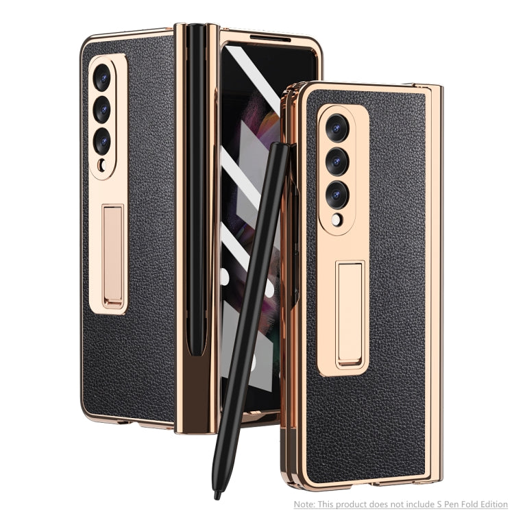 For Samsung Galaxy Z Fold3 Litchi Texture Integrated Electroplating Hinge Flip Phone Case with Pen Slot