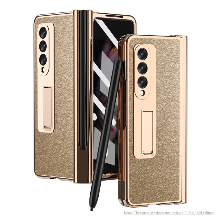 For Samsung Galaxy Z Fold3 Litchi Texture Integrated Electroplating Hinge Flip Phone Case with Pen Slot