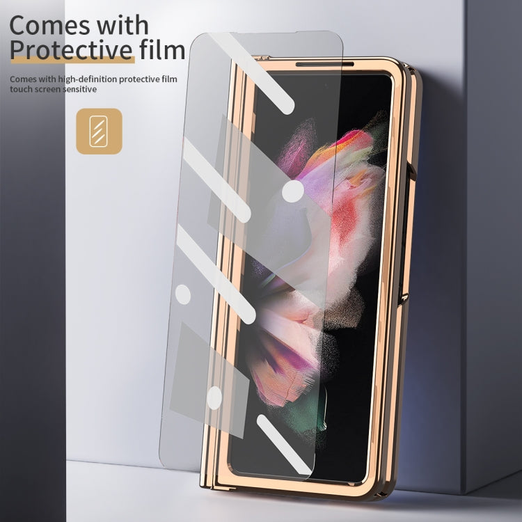 For Samsung Galaxy Z Fold3 Litchi Texture Integrated Electroplating Hinge Flip Phone Case with Pen Slot