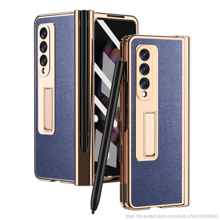 For Samsung Galaxy Z Fold3 Litchi Texture Integrated Electroplating Hinge Flip Phone Case with Pen Slot