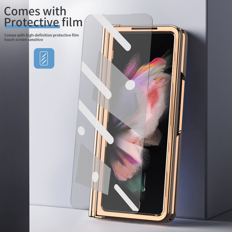 For Samsung Galaxy Z Fold3 Litchi Texture Integrated Electroplating Hinge Flip Phone Case with Pen Slot