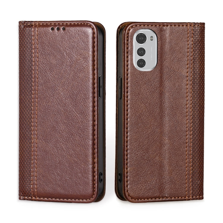 For Motorola Moto E32 4G Grid Texture Magnetic Flip Leather Phone Case