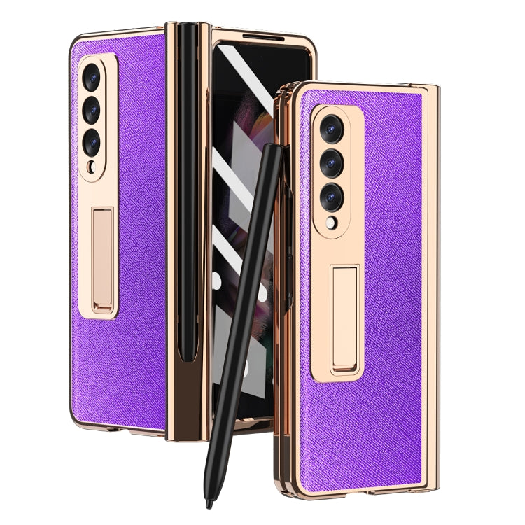 For Samsung Galaxy Z Fold3 Cross Texture Integrated Electroplating Hinge Flip Phone Case with Pen Slot