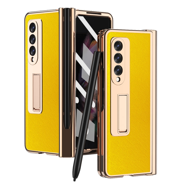 For Samsung Galaxy Z Fold3 Cross Texture Integrated Electroplating Hinge Flip Phone Case with Pen Slot