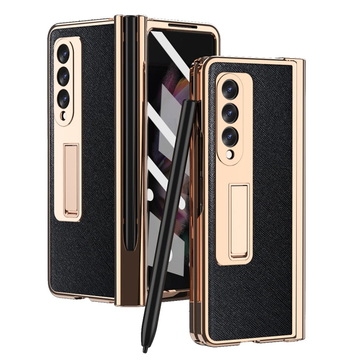 For Samsung Galaxy Z Fold3 Cross Texture Integrated Electroplating Hinge Flip Phone Case with Pen Slot