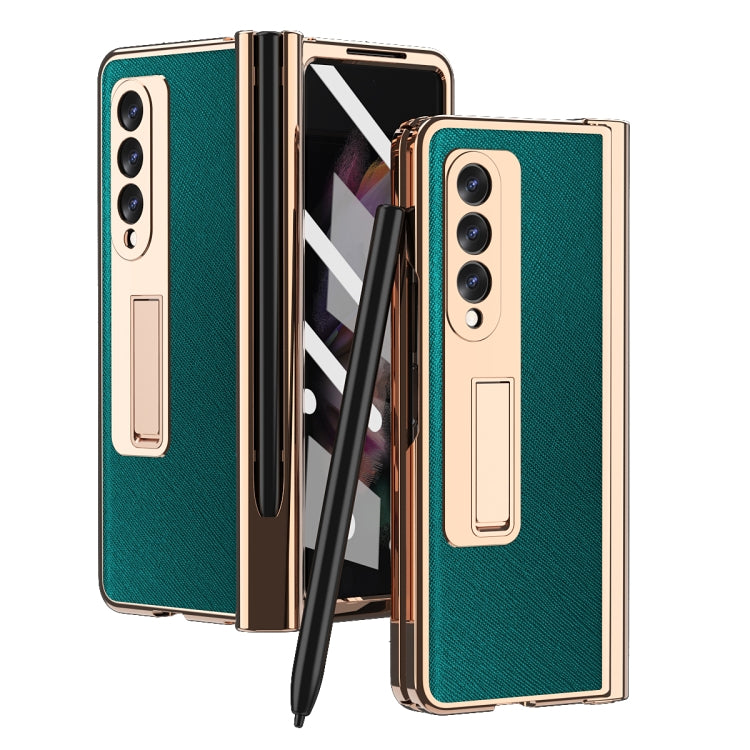 For Samsung Galaxy Z Fold3 Cross Texture Integrated Electroplating Hinge Flip Phone Case with Pen Slot