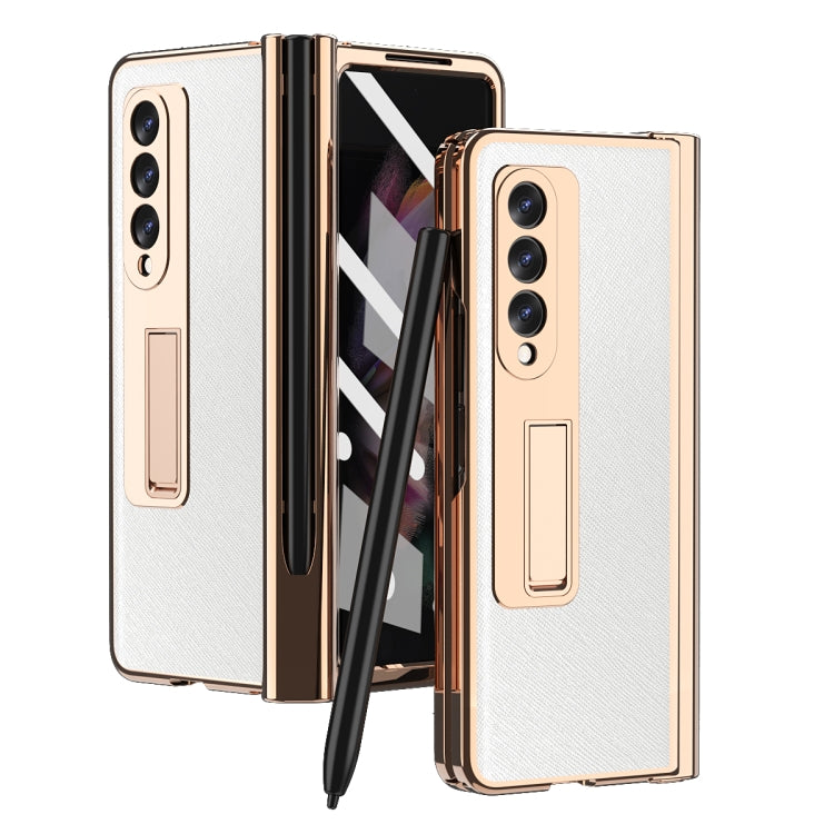 For Samsung Galaxy Z Fold3 Cross Texture Integrated Electroplating Hinge Flip Phone Case with Pen Slot