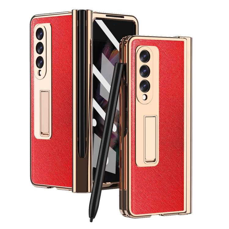 For Samsung Galaxy Z Fold3 Cross Texture Integrated Electroplating Hinge Flip Phone Case with Pen Slot