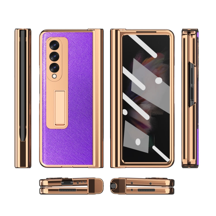 For Samsung Galaxy Z Fold3 Cross Texture Integrated Electroplating Hinge Flip Phone Case with Pen Slot