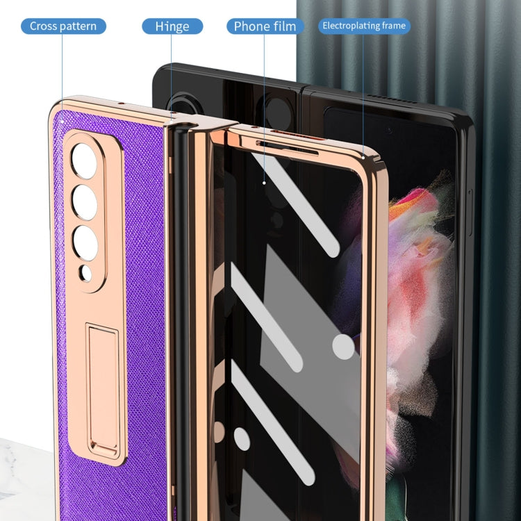 For Samsung Galaxy Z Fold3 Cross Texture Integrated Electroplating Hinge Flip Phone Case with Pen Slot