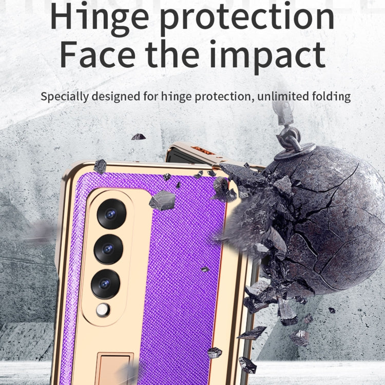 For Samsung Galaxy Z Fold3 Cross Texture Integrated Electroplating Hinge Flip Phone Case with Pen Slot