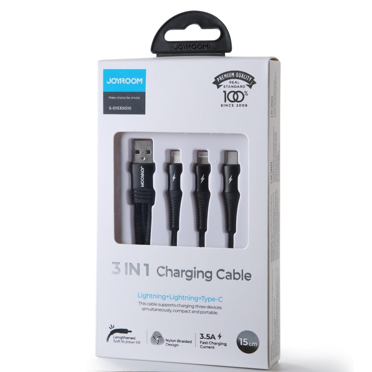 JOYROOM S-01530G10 3 in 1 USB to 8 Pinx2+Type-C Nylon Braid Charging Cable, Length: 15cm(Black)