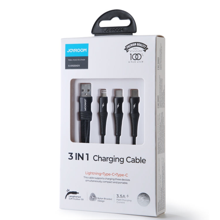 JOYROOM S-01530G11 3 in 1 USB to 8 Pin+Type-Cx2 Nylon Braid Charging Cable, Length: 15cm(Black)