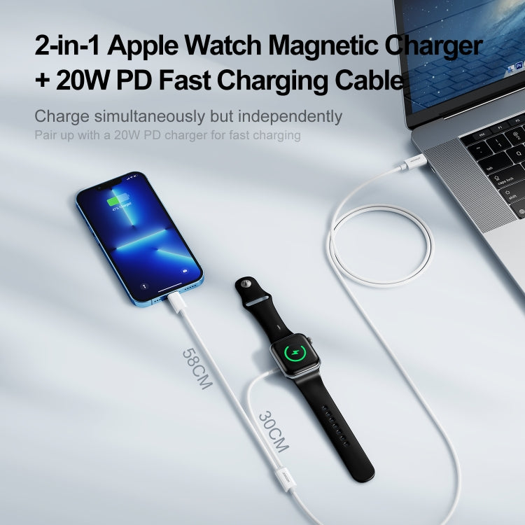 JOYROOM S-IW005 2 in 1 USB-C / Type-C to 8 Pin Watch Magnetic Charger with 1.5m 20W PD Fast Charging Sync Data Cable(White)