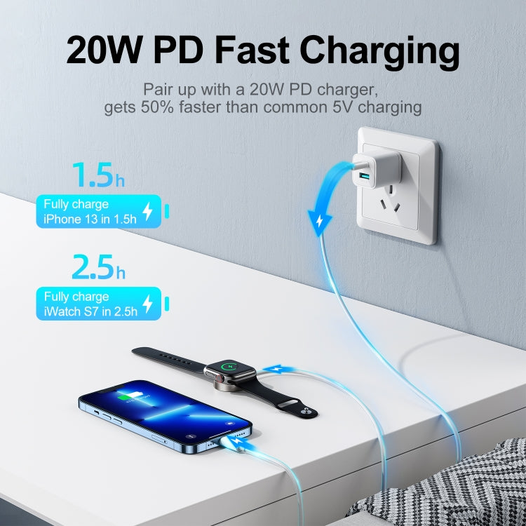 JOYROOM S-IW005 2 in 1 USB-C / Type-C to 8 Pin Watch Magnetic Charger with 1.5m 20W PD Fast Charging Sync Data Cable(White)