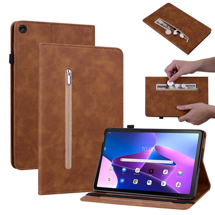 For Lenovo Tab M10 10.1 3rd Gen Skin Feel Solid Color Zipper Leather Tablet Case