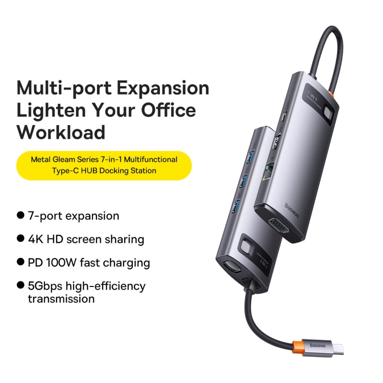 Baseus Metal Gleam Series 7 in 1 Multifunctional USB-C / Type-C HUB Docking Station, Type-C to HDMIx1+USB3.0x3+PDx1+VGAx1+RJ45x1
