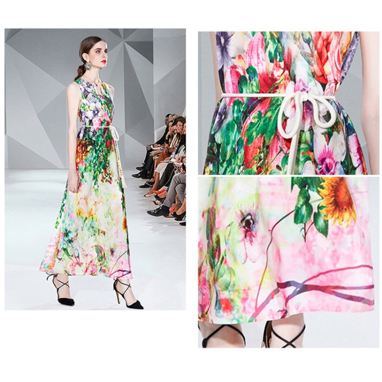 V Neck Sleeveless Floral Print Maxi Dress, Size:S(Floral)