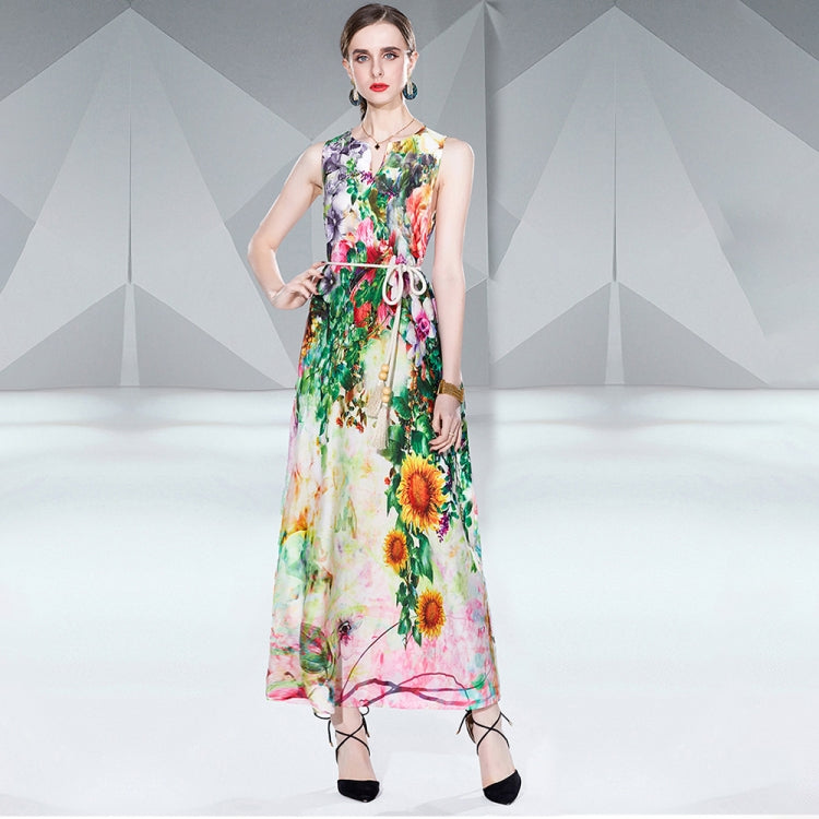 V Neck Sleeveless Floral Print Maxi Dress, Size:M(Floral)