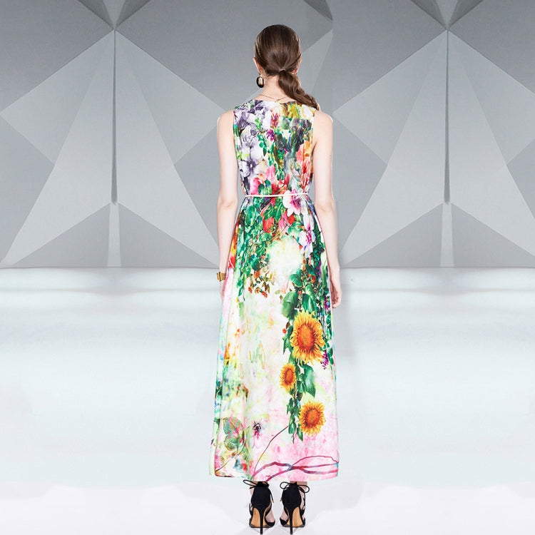 V Neck Sleeveless Floral Print Maxi Dress, Size:L(Floral)