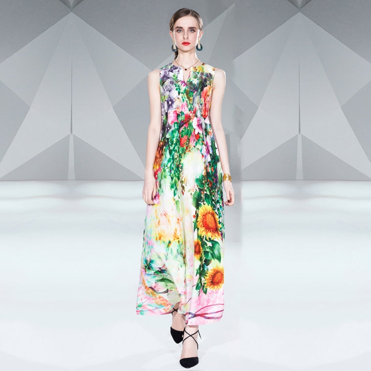 V Neck Sleeveless Floral Print Maxi Dress, Size:XL(Floral)