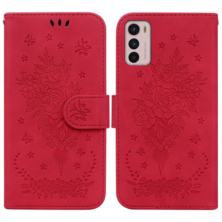 For Motorola Moto G42 Butterfly Rose Embossed Leather Phone Case