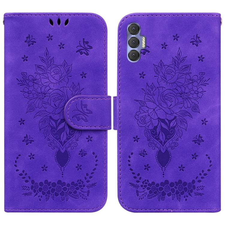 For Tecno Spark 8 Pro Butterfly Rose Embossed Leather Phone Case