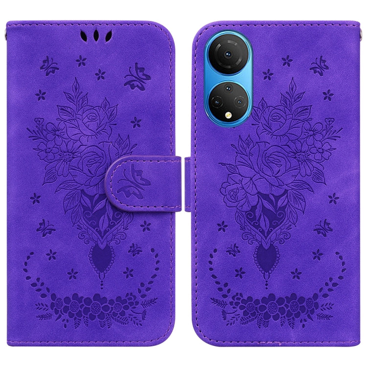 For Honor X7 Butterfly Rose Embossed Leather Phone Case