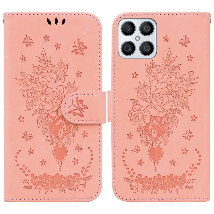For Honor X8 Butterfly Rose Embossed Leather Phone Case