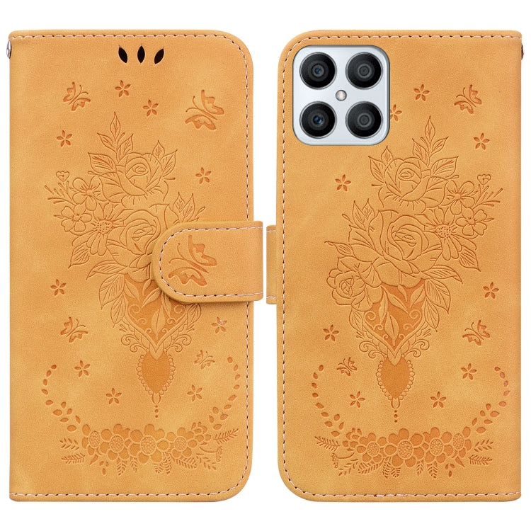 For Honor X8 Butterfly Rose Embossed Leather Phone Case