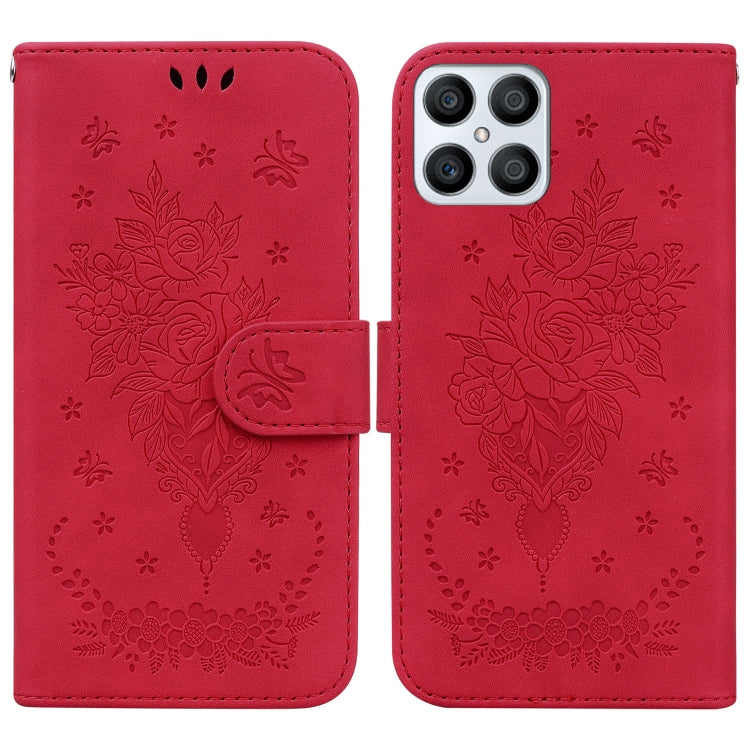 For Honor X8 Butterfly Rose Embossed Leather Phone Case