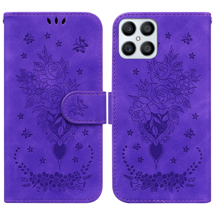 For Honor X8 Butterfly Rose Embossed Leather Phone Case
