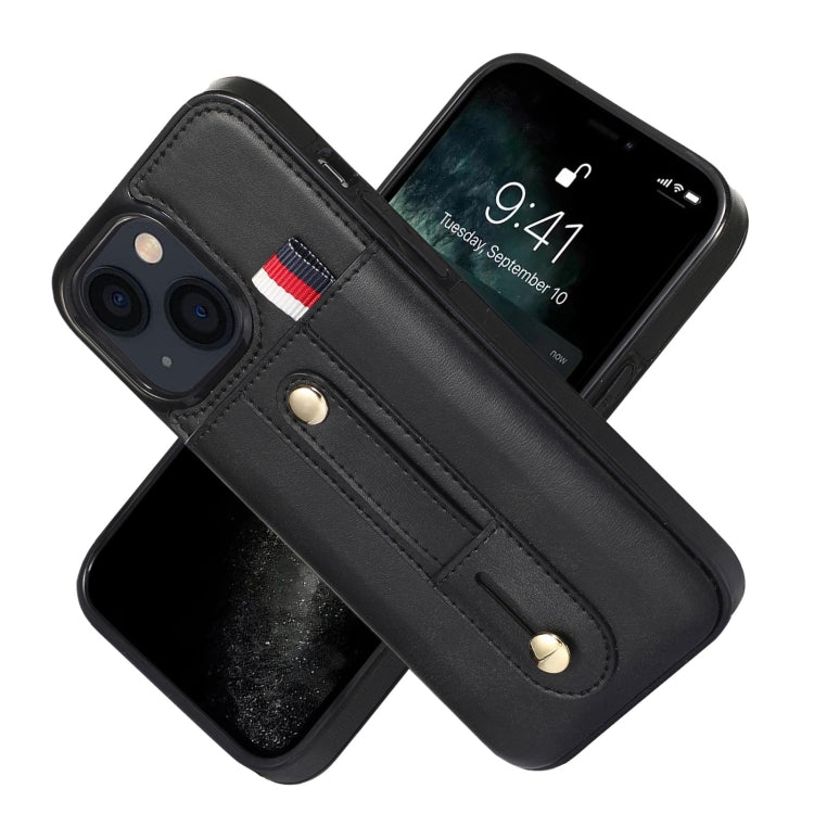 For iPhone 13 mini Wristband Kickstand Wallet Leather Phone Case