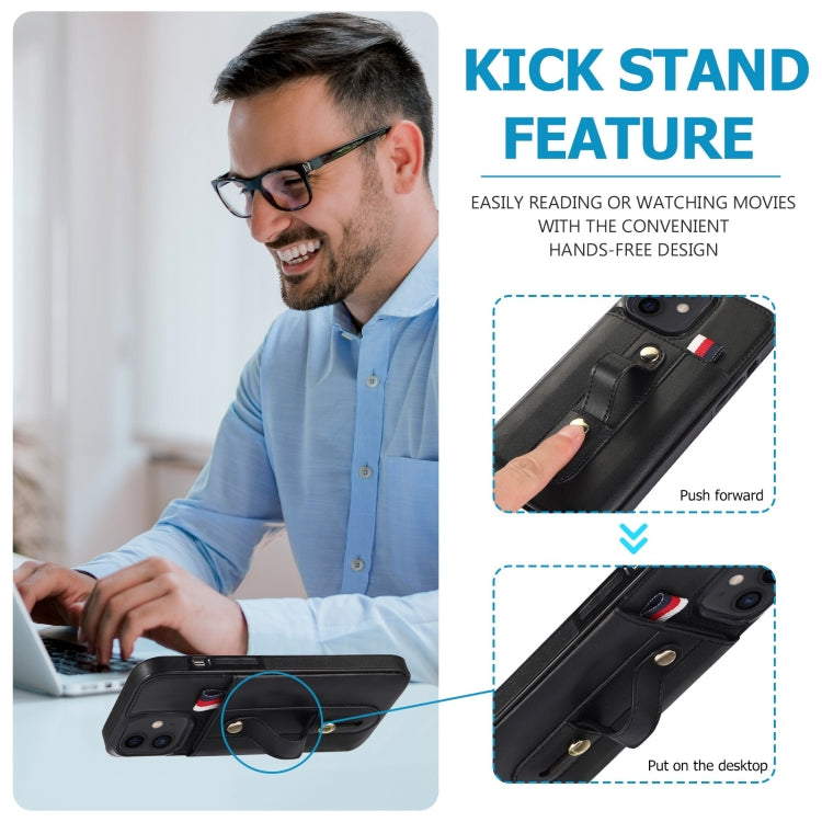 For iPhone 13 mini Wristband Kickstand Wallet Leather Phone Case