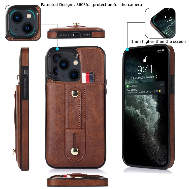 For iPhone 13 Wristband Kickstand Wallet Leather Phone Case