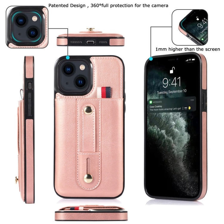For iPhone 13 Wristband Kickstand Wallet Leather Phone Case