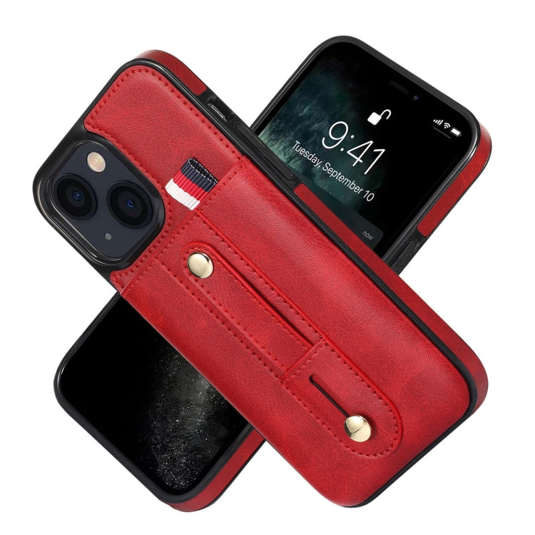 For iPhone 13 Wristband Kickstand Wallet Leather Phone Case
