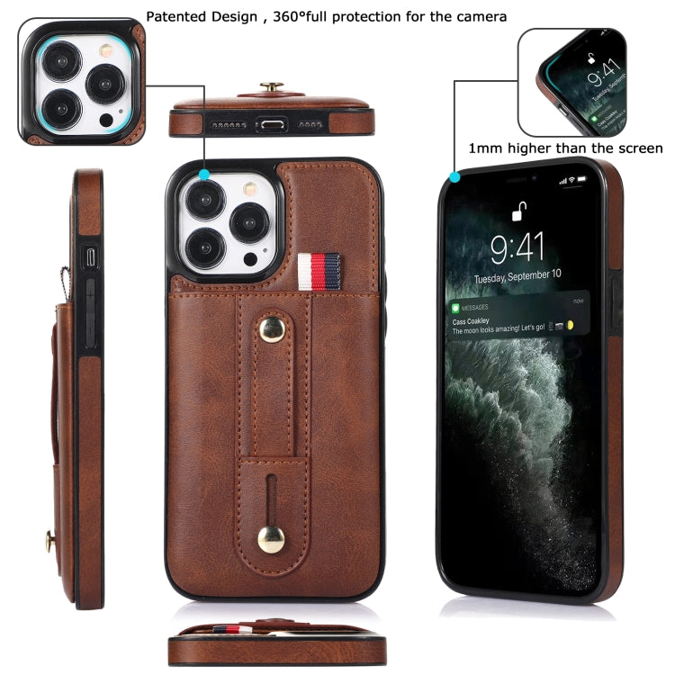 For iPhone 13 Pro Wristband Kickstand Wallet Leather Phone Case