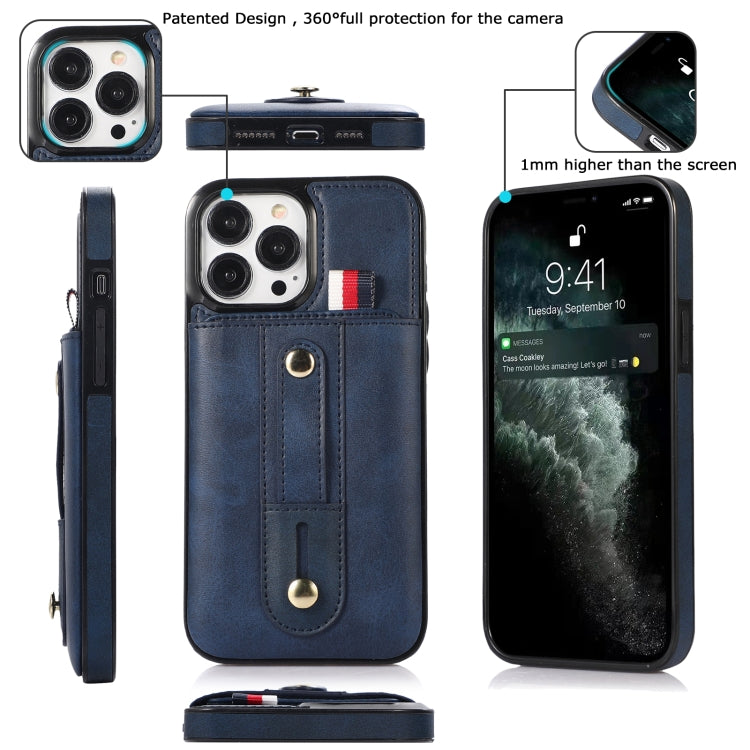 For iPhone 13 Pro Wristband Kickstand Wallet Leather Phone Case