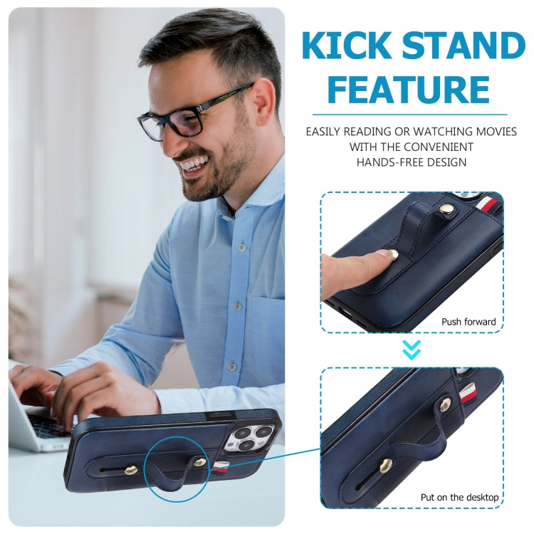 For iPhone 13 Pro Wristband Kickstand Wallet Leather Phone Case