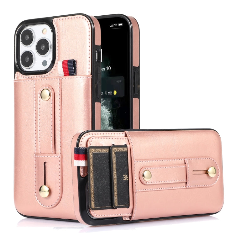 For iPhone 13 Pro Wristband Kickstand Wallet Leather Phone Case