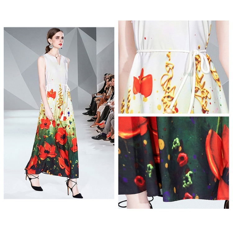 V Neck Sleeveless Floral Print Maxi Dress, Size: